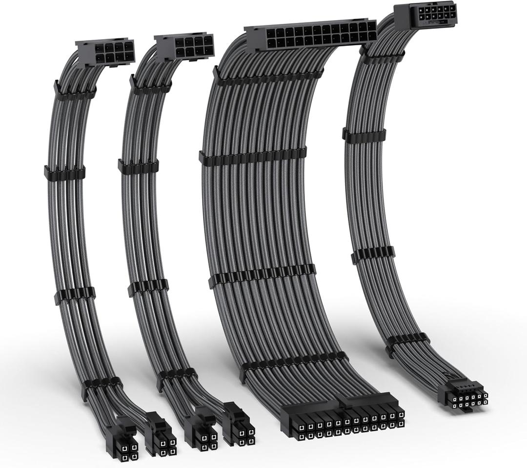 EZDIY-FAB 12VHPWR PSU Cable Extension Kit for RTX 50/40 Series,16AWG PCIE 5.0 Power Supply Cable Extension- 1x 24 Pin ATX /2X 8Pin (4+4) EPS / 1x12+4 Pin GPU,Sleeve Cable 300MM with Combs-Carbon