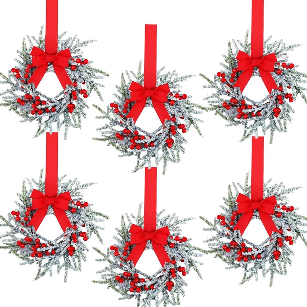 Giegxin 6 Pcs Vintage Small Christmas Wreath for Cabinet Mini Kitchen Wreath with Red Berry Realistic Norfolk Farmhouse Decoration for Xmas Window Indoor Chair Fireplace Porch Candle Decor (No Bows)