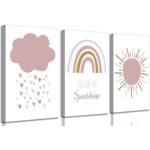 3 Pcs Boho Nursery Canvas Wall Art You Are My Sunshine Pink Sun Rainbow Cloud Painting Pictures Wall Decor Poster Print Artwork for Girls Baby Room Kids Room Home Decoration (16L"x12W")