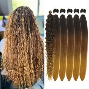 Ombre Brown Honey Blonde Braiding Hair Boho Braids Pre Stretched Curly Deep Wave Bohemian Braiding Hair Ez Braid Synthetic Knotless Extensions Hairs (#1B/30/27) (26 Inch(Packs of 5+1))