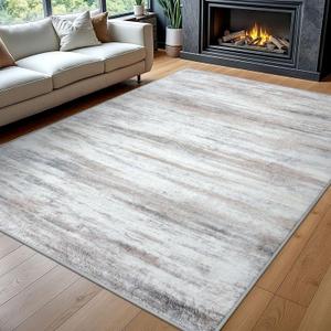 KOZYFLY Washable Rugs 8x10 Area Rug Modern Ombre Thin Rugs for Living Room, Washable Large Non-Slip Soft Striped Rug for Bedroom, Print Distressed Beige Abstract Carpet for Laundry/Kid Room (Light Beige/Slate Pink)