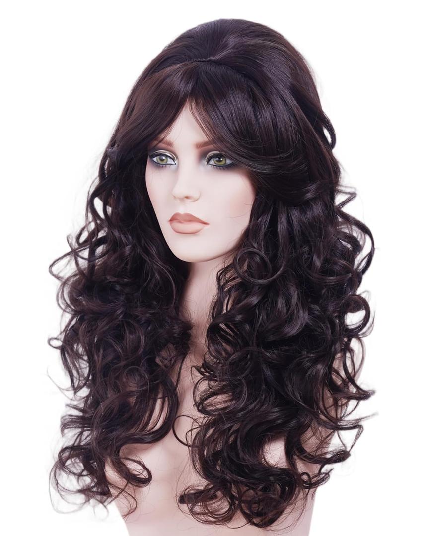 22 Inches Retro Beehive Dark Brown Wigs for Women Long Wavy Wig with Bangs Synthetic Natural Wig for 60s 70s 80s Cosplay,Halloween,Daily Use