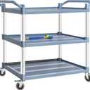 Plastic Utility Carts with Wheels, 3-Tier Large Size Restaurant Food Cart, Heavy Duty 600lbs Capacity Rolling Service Cart w/Hammer for Commercial, Kitchen, Office (Lockable Wheels, L-Grey)