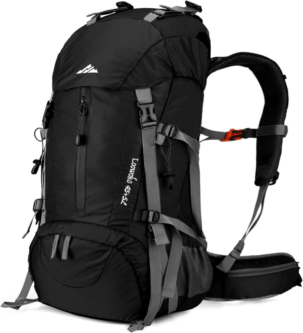 Loowoko 50L Hiking Backpack, Waterproof Camping Essentials Bag with Rain Cover, 45+5 Liter Lightweight Backpacking Back Pack (Black)