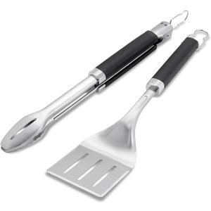Weber Precision Tongs & Spatula Grilling Tool Set Stainless Steel BBQ Tools with HandsFree Locking Tongs, 3Sided Beveled Spatula, NonSlip SoftTouch Handles