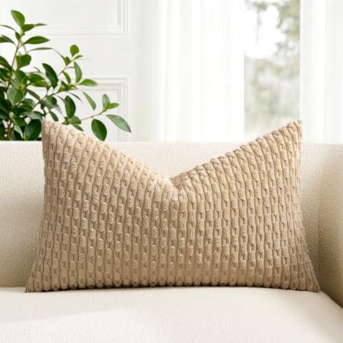 Kevin Textile 14x22 Inch Pillow Cover 1 Pack Boho Decorative Soft Striped Corduroy Lumbar Farmhouse Solid Color Accent Rectangle Cushion Case for Living Room Couch Sofa Bed, Tan