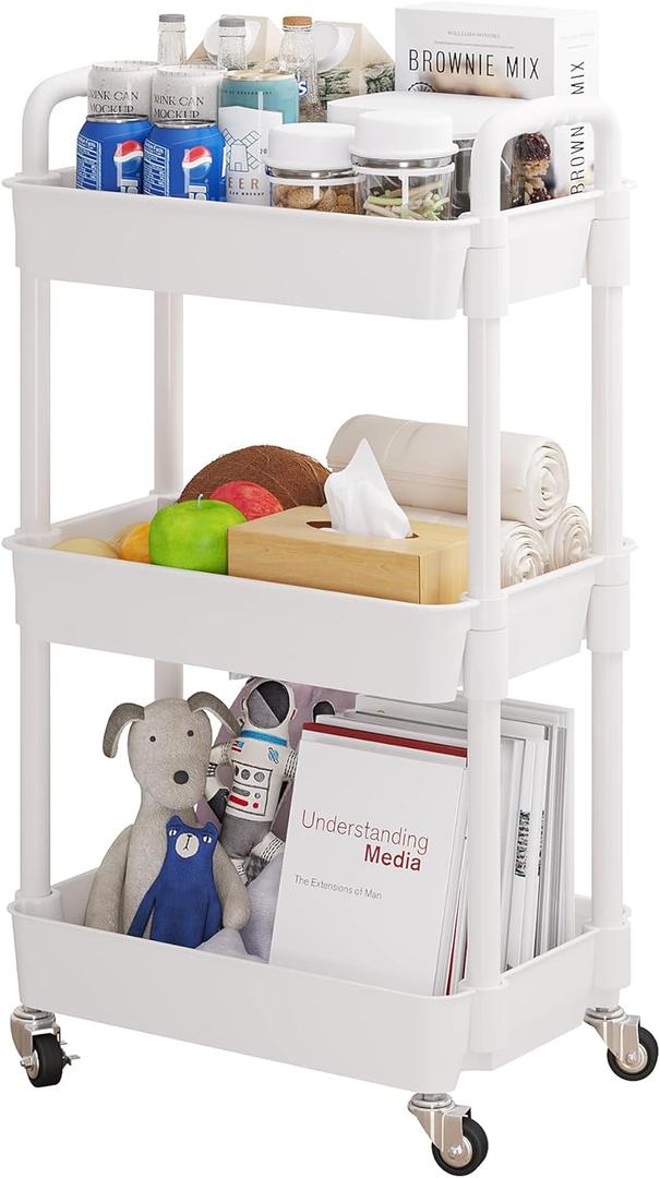 UDEAR 3-Tier Rolling Utility Cart with 12 Category Labels,Multifunctional Storage Shelves with Handle and Lockable Wheels for Room,Office,Kitchen,Bathroom,White