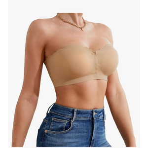 DEANGELMON Womens Strapless Bra Non-Slip Padded Bandeau Bras Front Closure Wavy Trim Seamless Comfortable Tube Top Bralette, Small, Beige