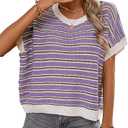 RICHSTORY Womens Tops Trendy Sleeveless Round Neck Sweater Vest Loose Summer Cap Sleeve Tank Tops Lightweight Striped Hollow Out Knit Pullover Sweaters Purple XX-Large