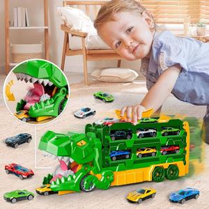 BLmukce Dinosaur Race Track Toys for Kids 35 | 59" Dual Track Transport Truck with 12 DieCast Cars | Swallow & Race Action | Carrier Truck Toy Birthday Gift for 4 5 6+ Years Old Boys & Girls (Green)