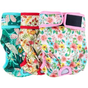 Leekalos Reusable Washable Dog Diapers Female (3 Pack) - Highly Absorbent Doggie Diapers - Size Adjustable Puppy Diapers for Dog Period Panties (Large, Flora)