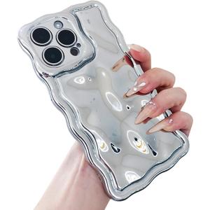 for iPhone 12 Case: Cute Stylish Glossy Bubble Wave Design, Silicone Women Girl Glitter Curly Wavy Aesthetic Protective Cover for iPhone 12 Phone Case, Shiny Silver