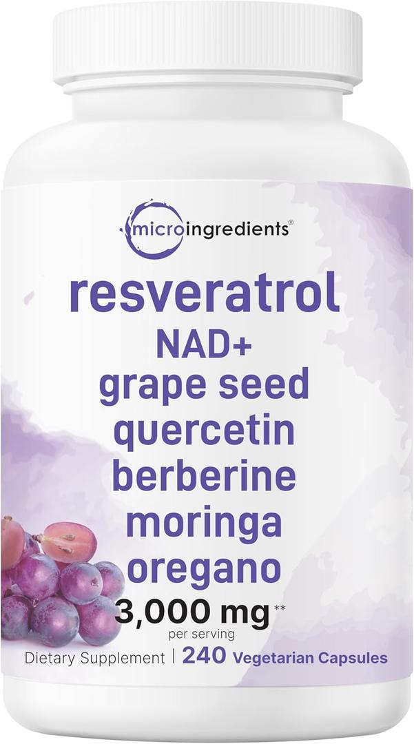 Micro Ingredients Resveratrol NAD Complex 3,000mg for Women & Men, 240 Veggie Capsules | NMN Supplement Alternative | 11-in-1 Blend with NAD+, Quercetin, Moringa, Berberine, Grape Seed, & Oregano