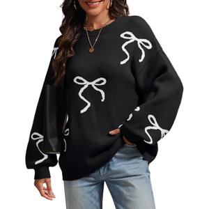 ATHMILE Fall Long Sleeve Pullover Sweaters for Women 2026 Trendy Crewneck Casual Cute Bow Chunky Knit Oversized Sweater Black S