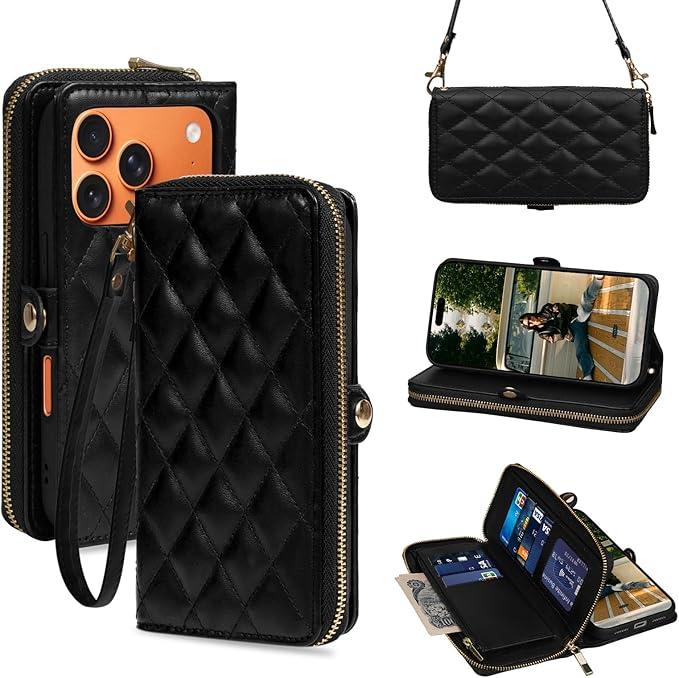Rssviss Crossbody Case for iPhone 17 Pro Case Wallet, RFID Blocking Leather with Card Holder Kickstand, Handbag Zipper Flip Cover with Wrist Strap for iPhone 17 Pro Men Women 6.3", Black