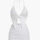 SHENHE Women's Y2k 2 Piece Sexy Outfits Backless Halter Crop Top and Ruched Bodycon Mini Skirt Set (Size S)