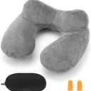 Inflatable Travel Pillow for Airplane Inflatable Neck Pillow for Traveling with Soft Velvet Washable Cover for Sleeping, Airplane,Train, Car, Office, Contoured Eye Masks, Earplugs (Grey)