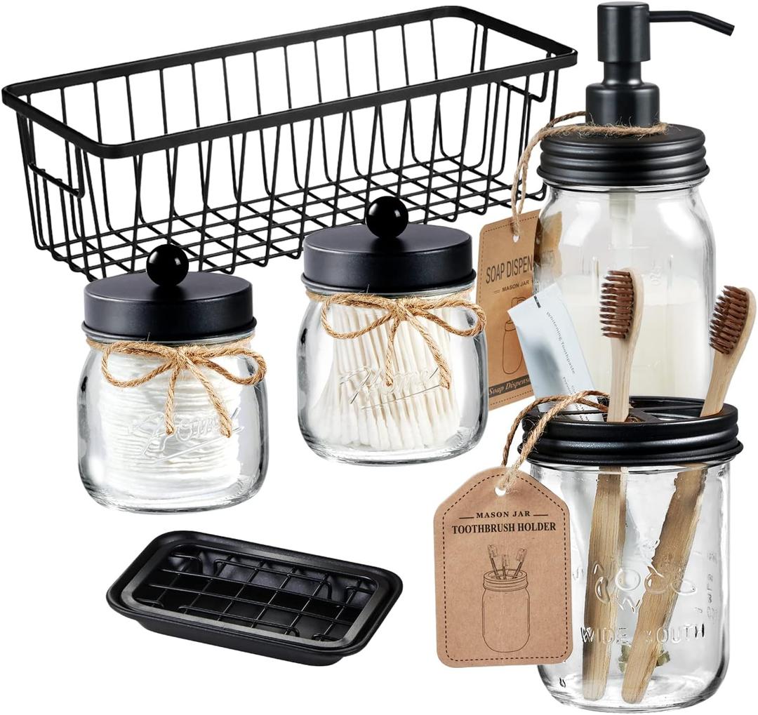 SheeChung 6Pcs Mason Jars Bathroom Accessories Set Complete - Toothbrush Holder, Lotion Soap Dispenser, 2 Mason Jars, Soap Dish, Toilet Paper Basket, Rustic Farmhouse Decor (Black, 6Pcs Bathroom Set)
