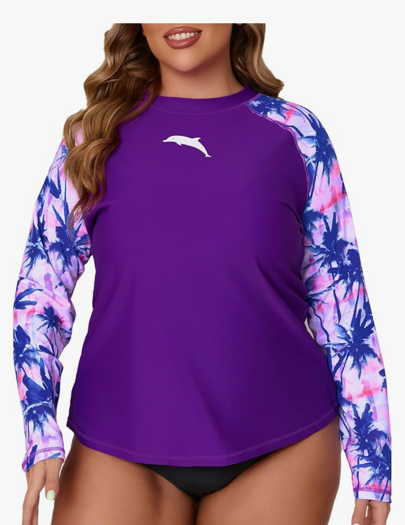 Halcurt Womens Plus Size Long Sleeve Rash Guard Swim Shirt with Built in Bra Loose Fit UPF50+ Swimsuit Top (1X)