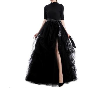 Qmker Women's Long Tutu Tulle Skirt A Line Floor Length Black Special Occasion Night Out fold Skirt, XL