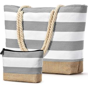 Becokan Beach Bag Initial Beach Tote with Makeup Bag for Travel Work Storage Personalized Birthday Gifts for Women Her Light Grey