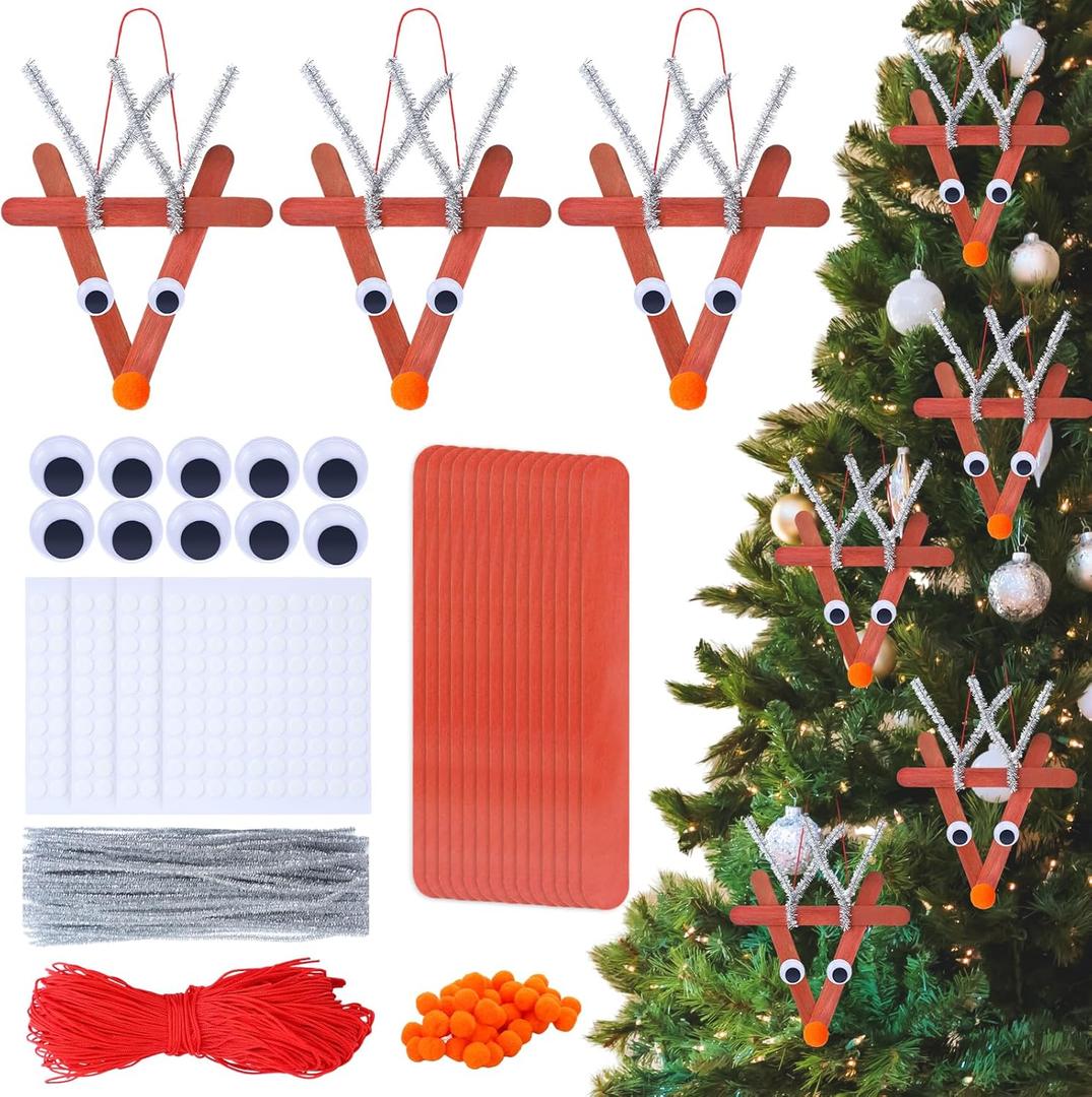 Soulchen 48 Sets Christmas Reindeer Ornaments Crafts Kits DIY Craft Sticks for Kids Make Your Own Reindeer Christmas Hanging Tree Wooden Ornaments Art for Holiday Activities Xmas Decoration