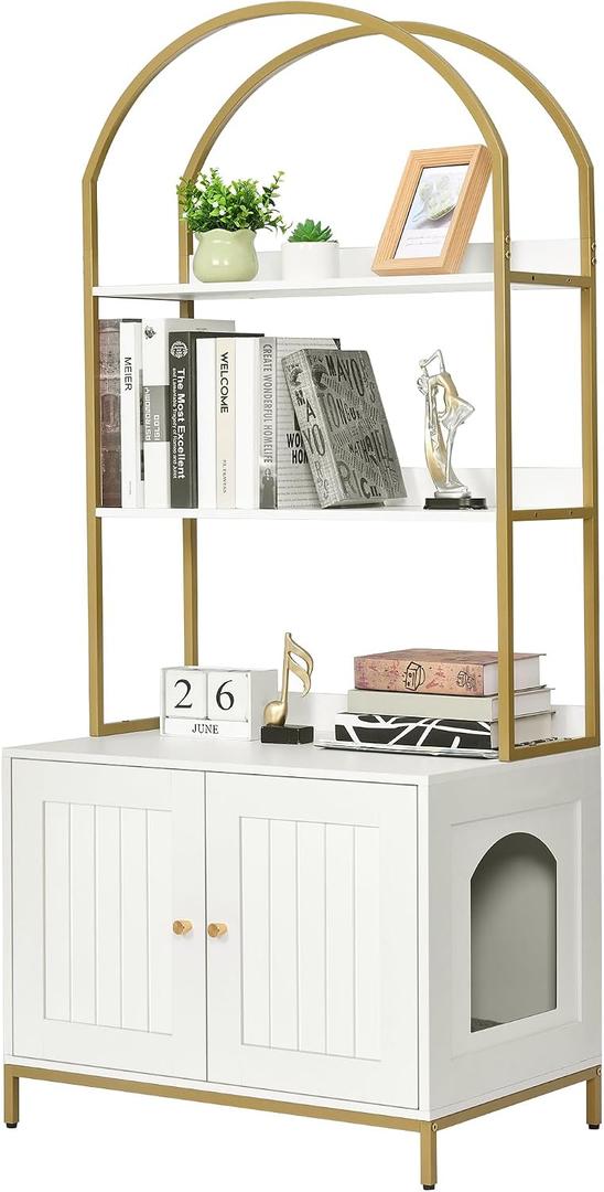 Homhedy Cat Litter Box Enclosure, Litter Box Furniture Hidden with 2-Tier Storage Shelves, Wooden Cat Washroom Furniture with Metal Frame, Modern Style, White and Gold