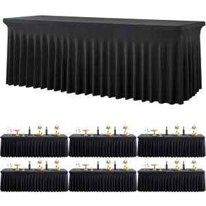 Black Spandex Tablecloth for 8 Foot Rectangle Tables, 6 Pack Black Wrinkle Free Fitted Table Cloths 8ft Stretchy Banquet Table Clothes Cover Desk Skirt for Birthday Wedding Parties Baby Shower
