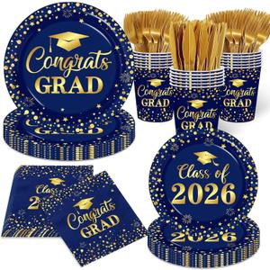 2026 Graduation Decorations Party Supplies-Graduation Plates and Napkins,Navy Blue Graduation Decorations 2026 Tableware Class Of 2026 Grad Paper Plates and Napkins for Congrats Grad Party