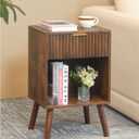 Fultyle Mid Century Modern Nightstand, Wood Bedside Table with Drawer and Opening Storage, End Table Living Room Fluted Night Stand with Solid Wood Legs for Bedroom (Rustic Brown)