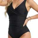Buauty Womens One Piece Swimsuit Black Ruched Bathing Suit Slimming Tummy Control Swimwear (Large)