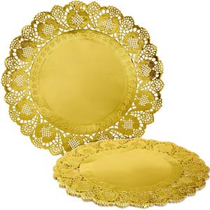 Juvale Round Gold Lace Paper Charger Plates - 12-Inch Gold 60 Pack - Paper Doilies for Cakes & Desserts - Disposable Table Placemats for Party Decor
