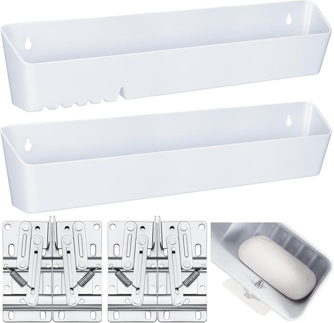 2 Pack 14" Kitchen Sink Tip Out Tray, False Drawer Front Flip Tray with Hinges & Clips, Sink Sponge Soap Organizer for Kitchen Bathroom, White