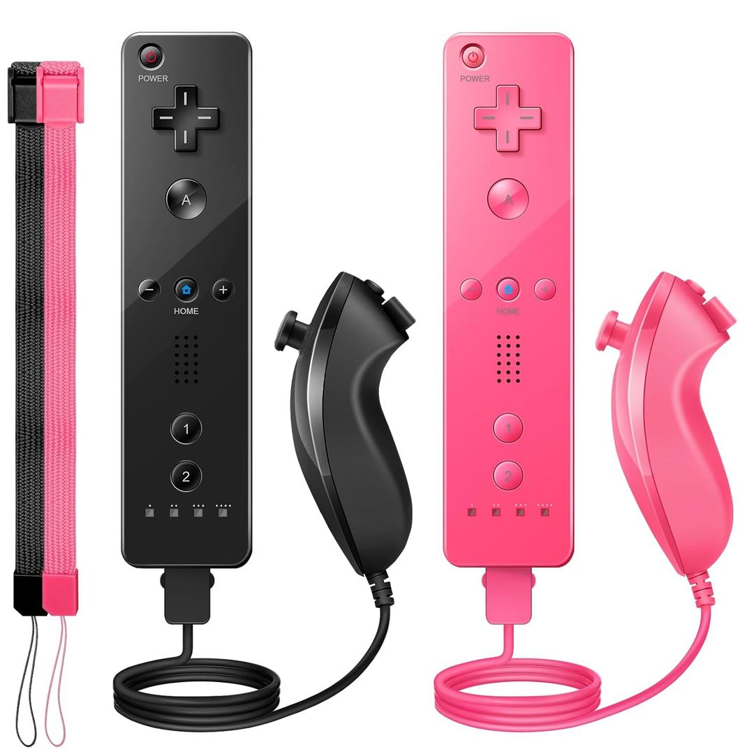 Wii Controller 2 Pack, Wii Remote Controller and Nunchuck Joystick with Silicone Case and Wrist Strap for Holiday (Black and Pink)