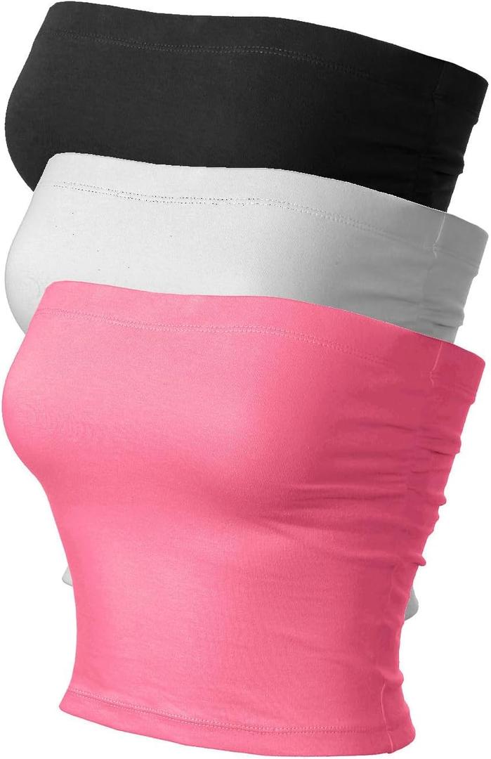 MixMatchy Women's 3 Pack Casual Summer Ruched Side Backless Double Layered Tube Top with Built in Shelf Bra (3pack - Black/White/Pink)