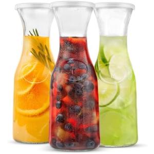 KooK Glass Carafe, Mimosa Bar Supplies, Carafe Pitchers with Lid, Set of 3, Glass Water Pitcher, Drink Dispensers for Parties, Tea, Wine, and Juice, Plastic Lids, Dishwasher Safe, 35 oz
