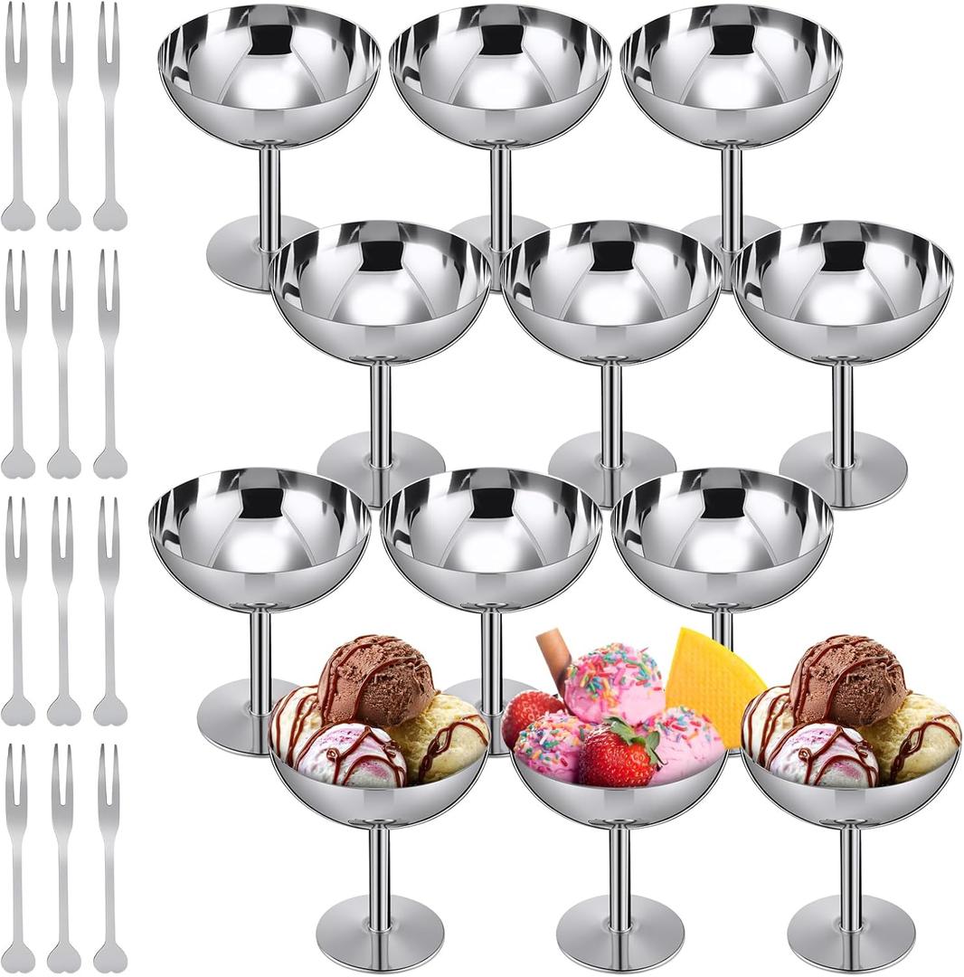 Reallnaive 6 Sets Stainless Steel Ice Cream Cups Bulk Silver Dessert Bowls with Forks 6.7 oz Small Metal Footed Cup for Serving Pudding Salad Fruit Sundae Summer Birthday Party Supply
