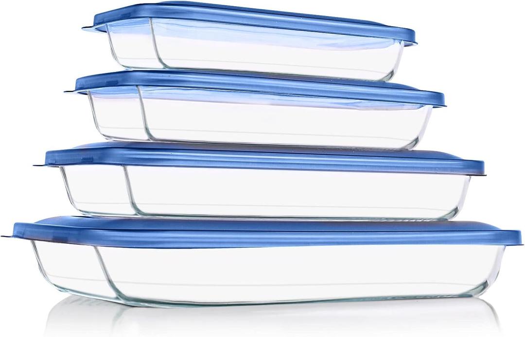 KOMUEE 8 Pieces Glass Baking Dish with Lids Rectangular Glass Baking Pan he set includes 4 glass baking pans of different sizes: 1qt (10 x 5.9 x 1.8-inch), 1.7qt (11.6 x 6.7 x 2.1-inch), 2.3qt (13.6 x 8.1 x 2.1-inch), and 3.2qt (15.5 x 9.3 x 2.1-inch)