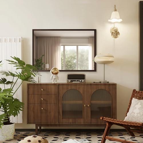 TheiaMo Walnut Wood Bathroom Mirrors for Wall Mounted, 40" x 30" Rectangle Rustic Wood Framed Wall Mirror, Decorative Farmhouse Mirror for Bathroom, Bedroom, Entryway, Horizontally/Vertically