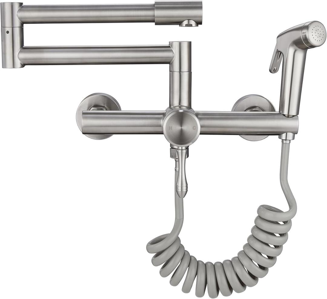 Brushed Nickel Wall Mount Kitchen Sink Faucet - 8" Center, Folding Commercial Faucet with Side Sprayer, Pot Filler,  C Style, Faucet with Handheld Stand