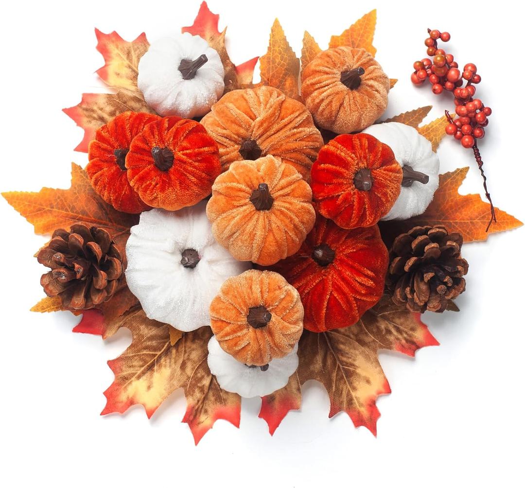GHGMAO 21 PCS Fall Artificial Velvet Pumpkins Set, Fake Fabric Pumpkin Faux Foam Pumpkins, Orange Khaki White Pumpkin Decorations for Fall Harvest Thanksgiving Halloween Farmhouse Table Centerpiece