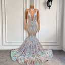 O-Neck Sparkly Sequine Mermaid Long Prom Gown Sleeveless Chapel Train Evening Shower Party Dress, Size 18