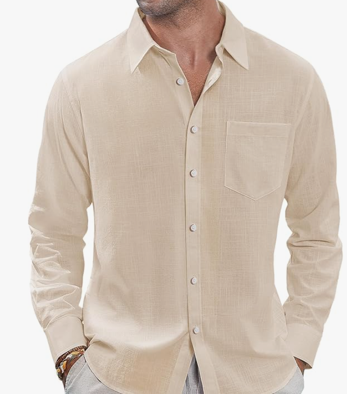 J.VER Men's Linen Shirts Casual Button Down Long Sleeve Shirt Solid Spread Collar Summer Beach Shirts with Pocket (Medium, Beige)