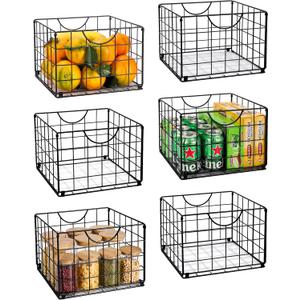 DINGTAI Metal Wire Basket Organizer Foldable Set of 6, Food Storage Mesh Bin with PVC Sheet, Freezer Organizer Bins for Pantry Closet Bathroom-Black