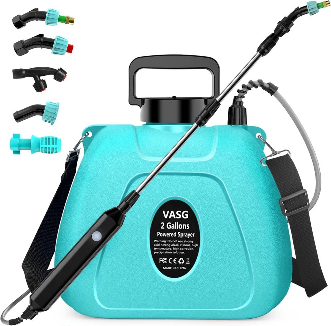 2 Gallon Battery Powered Garden Sprayer, Electric Sprayer, Weed Yard Lawn Sprayers with 5 Mist Nozzles & Retractable Wand & Adjustable Strap for Lawn, Garden, Yard