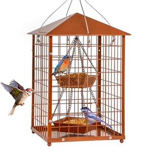 Mealworms Bird Feeders for Bluebirds - Metal - Huge Caged Squirrel-Proof Bird Feeders with 2 Cups, DIY Wild Bird Feeders Outdoor Hanging (Brown), Attract Wild Birds, 2lbs Seed Capacity+1 Mealworms Cup