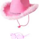 Cowboy Hat with Heart Sunglasses - Cowgirl Hat with Feather Boa Brim for Women & Men,Bachelorette Party Halloween (Pink)