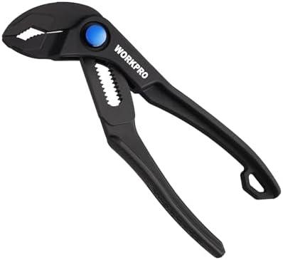WORKPRO Mini Water Pump Pliers, 4-Inch Groove Joint Pliers, Fast Adjustable Tongue and Groove Pliers with 15-Position Push-Lock, V-Jaw for Multi-Surface Grip, Ideal for Tight Spaces and Versatile Use