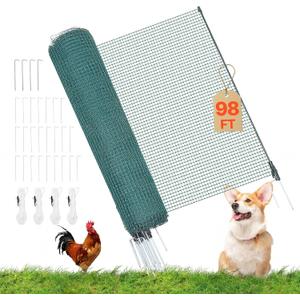 VEVOR Temporary Fence with Posts, 3 x 98.4 FT Plastic Mesh Fencing, Garden Safety Fences Netting with Double-Spike Stakes & Guy Ropes, Temporary Fence for Dogs, Chickens, Plants, Outdoor Yards