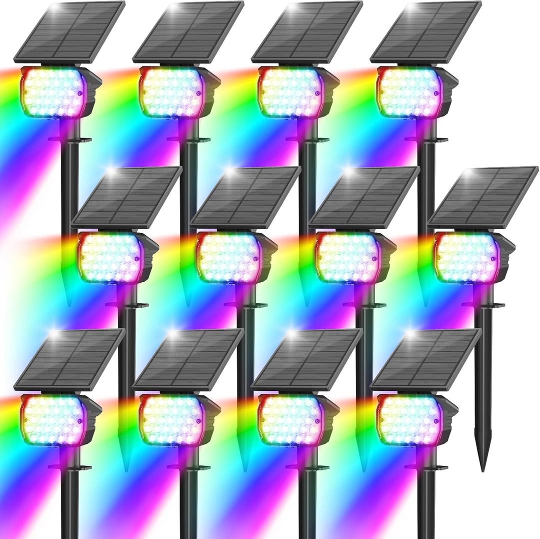 VOLISUN Solar Landscape Spotlights Adjustable Outdoor, Uplights Solar Waterproof IP67, Spot Lights Solar Powered for House,Tree,27 LED with 6 Colors Changing(12 Pack- RGB) (Multicolor)
